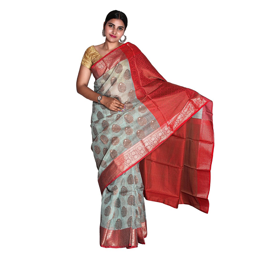 HAMH Women's Pure Art Banarasi Cotton Silk Saree With Flower Rich Zari Printed Work (mixup Grey & Red Color)