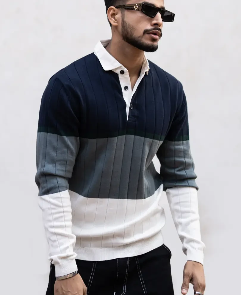 Navy Blue Panel Polo Collar Sweatshirt