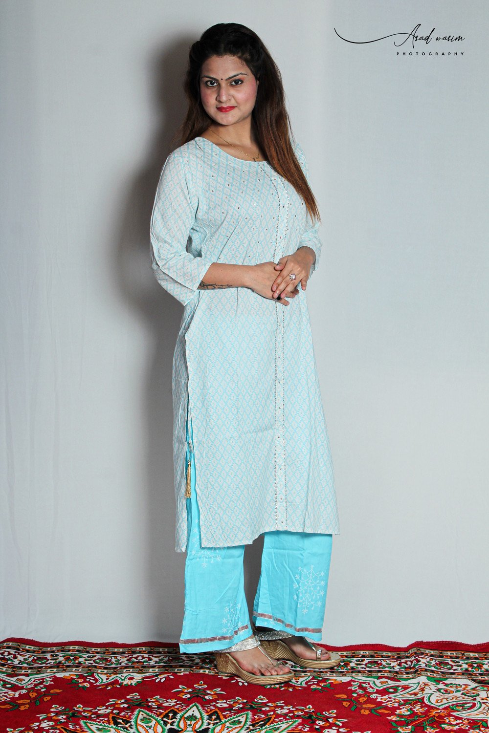 HAMH Womens Kurti Plazo Set Straight & Gotta Patti Handwork in White Color