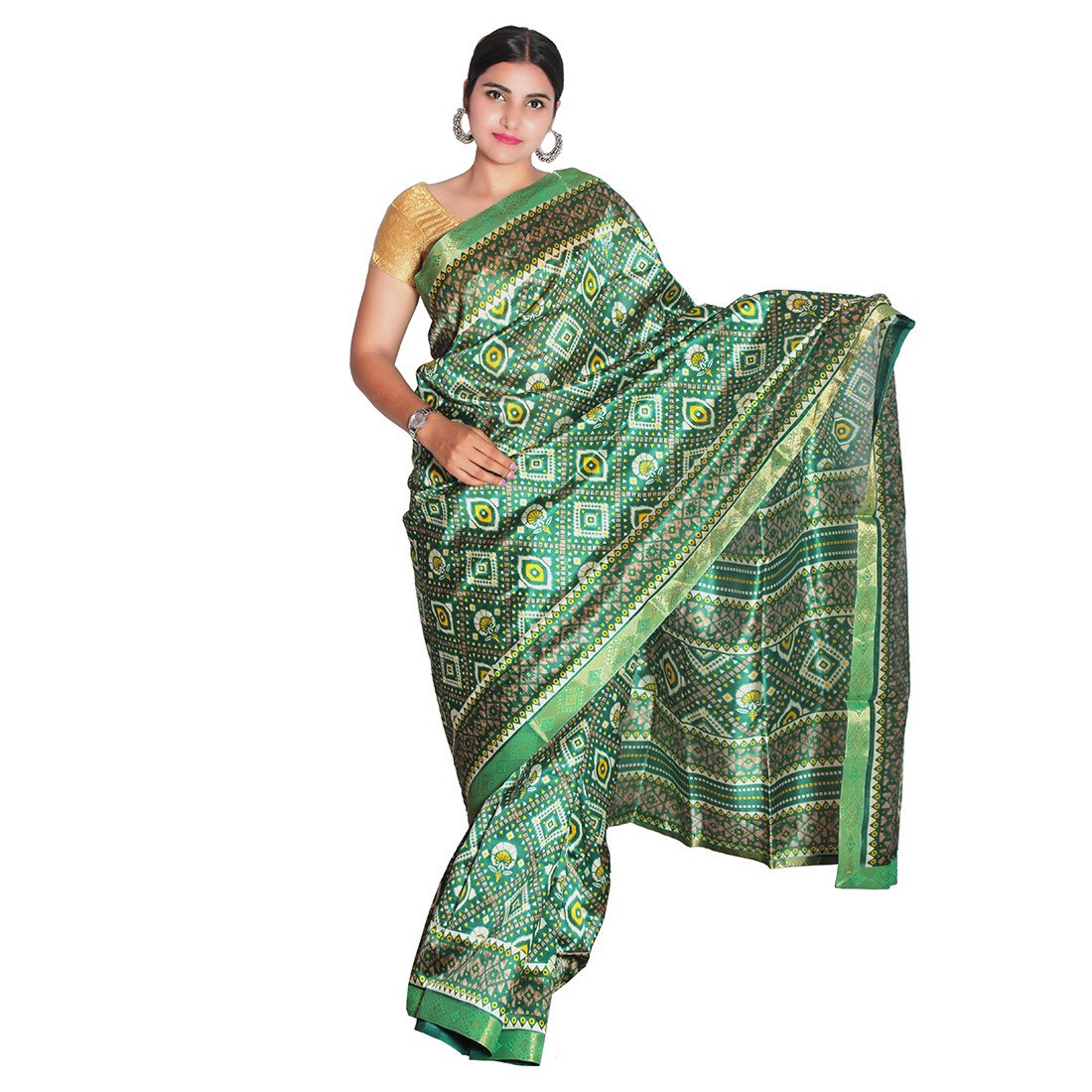 HAMH Women's Kangna Simple Printed Exclusive Fancy Silk Saree (Green Color) with Blouse Piece