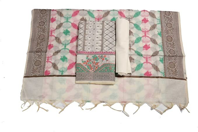 HAMH Banarasi Cotton Silk Salwar Suit Dupatta Unstitched With Mixed Resham Zari Work White Color