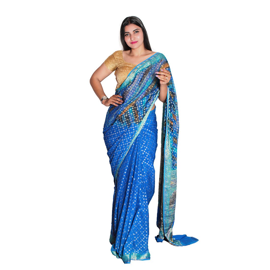 HAMH Pure Khaddi Chiffon Bandhani Butidar Banarasi Saree in Blue Color