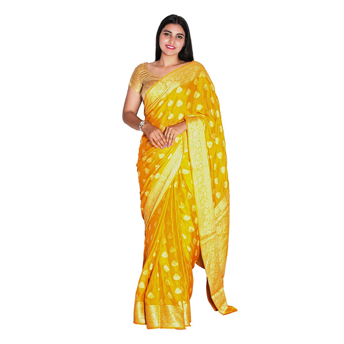 HAMH Pure Khaddi Chiffon Bandhani Butidar Banarasi Saree in Yellow Color