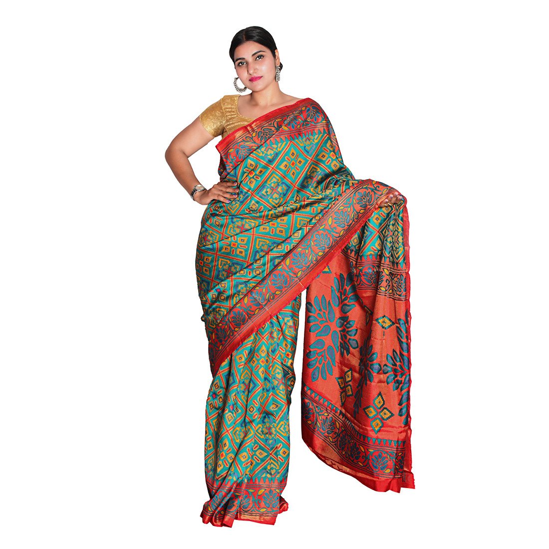 HAMH Green-Red Color mashup Banarsi Silk Saree with Block Zari Print