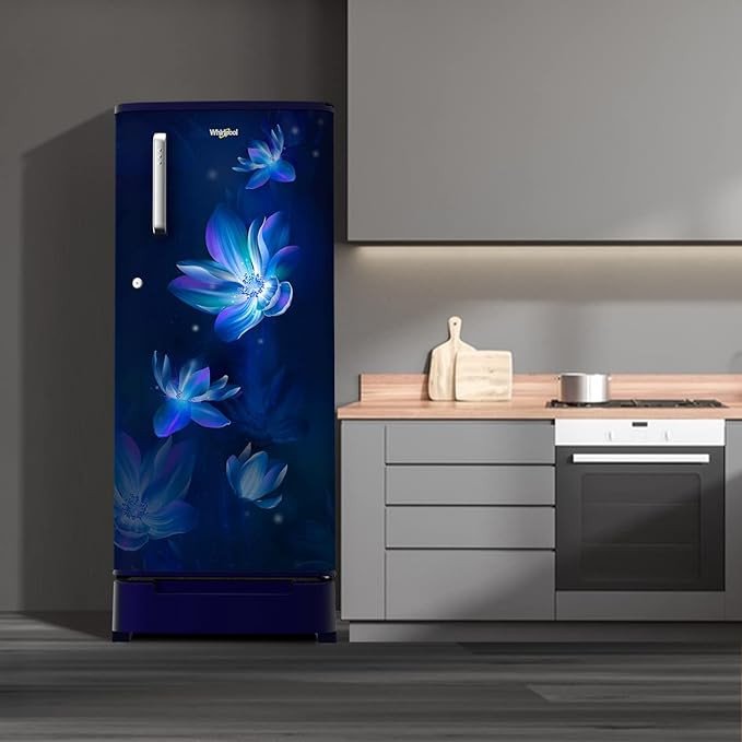 Whirlpool 184 L 4 Star Inverter Direct-Cool Single Door Refrigerator (205 WDE ROY 4SInv SAPPHIRE FLOWER RAIN-Z, Blue, Base Stand with Drawer, 2023 Model)