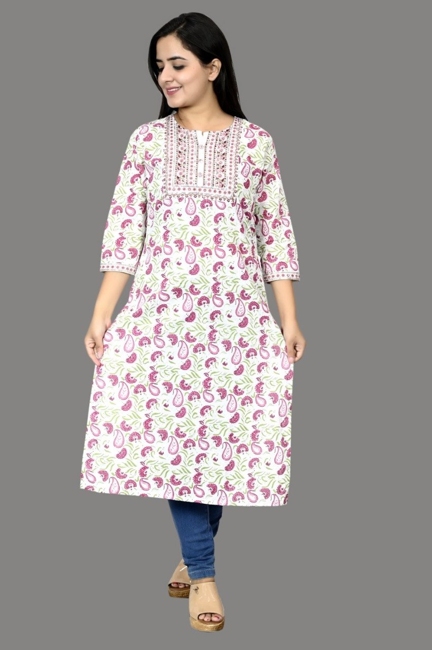 Women's Colar White RED Cotton Below Knee Kurta