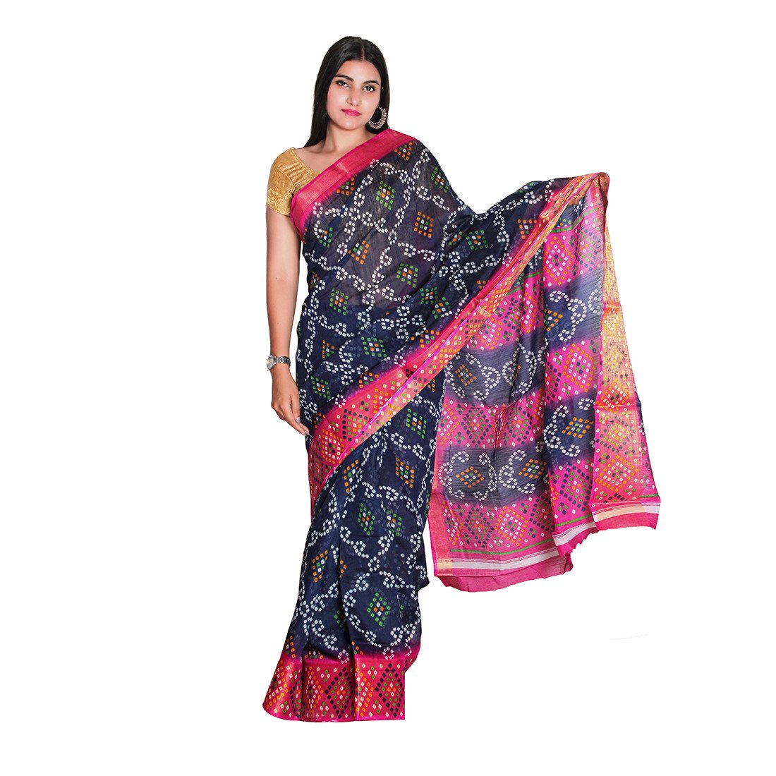 HAMH Women's Cotton Blend Bandhani Printed Chanderi Saree with Blouse Piece in Beautiful Blue Color | Free Size