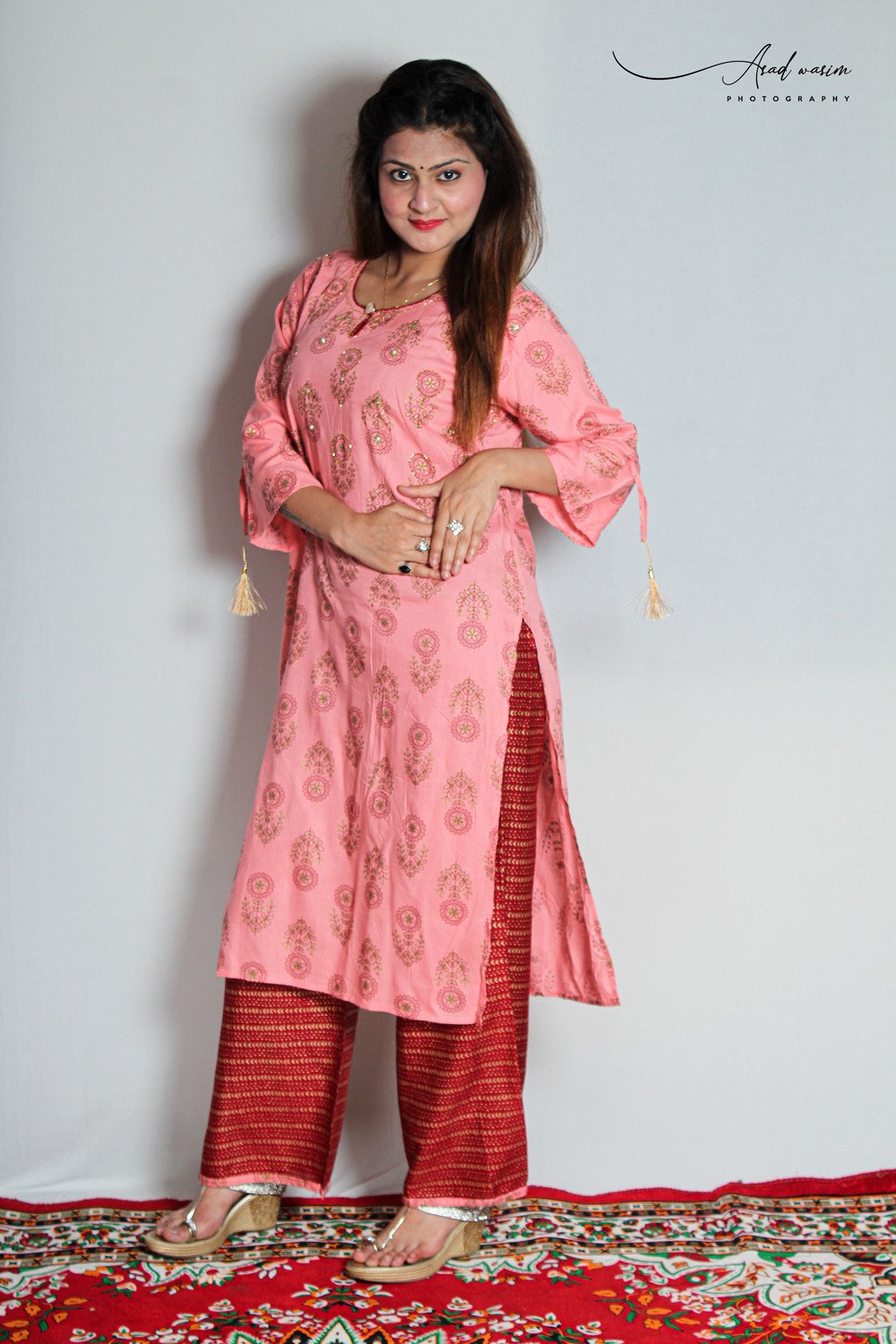 HAMH Womens Kurti Plazo Set Block Print Rayon Fabric in Light Pink Gajri Color