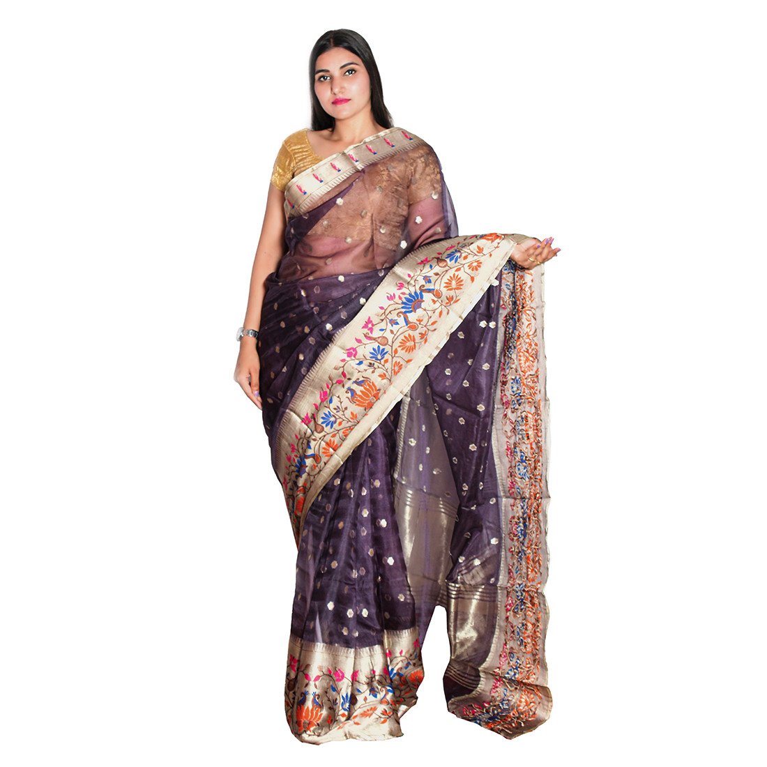 HAMH Pure Purple Silk Saree Bandhani in Cream Color with Blouse Piece in Beautiful Purple Color | Free Size