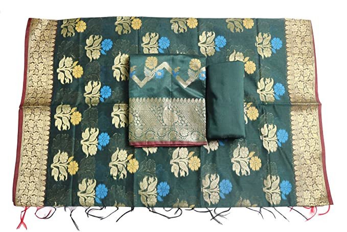 HAMH Banarasi Cotton Silk Salwar Suit Dupatta Unstitched With Mixed Resham Zari Work Dark Green