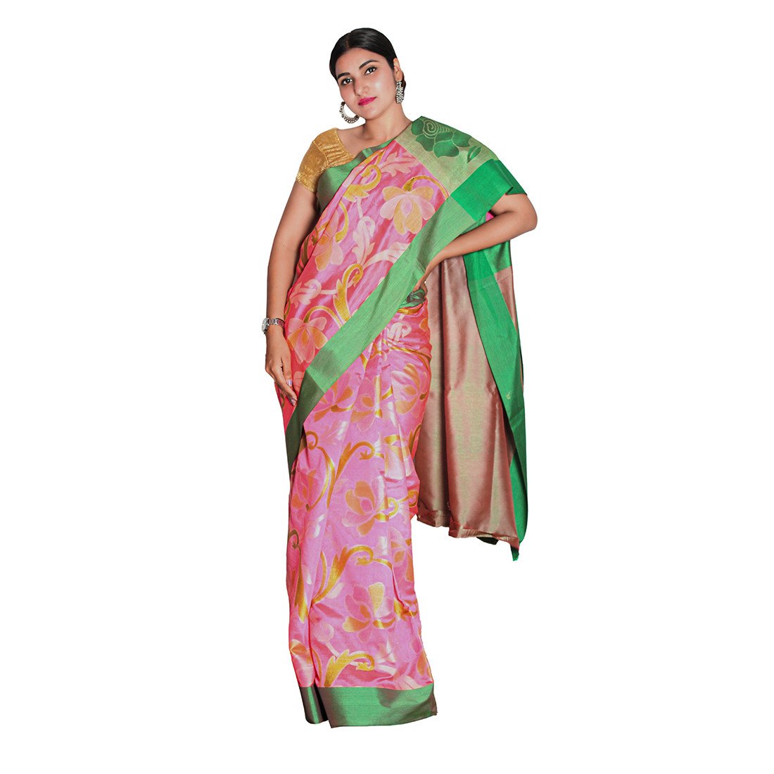 HAMH Women's Pure Art Tussar Banarasi Silk Saree and Unstitched Heavy Blouse Piece Free size With Flower Printed