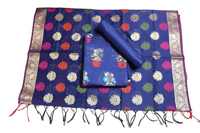 HAMH Banarasi Cotton Silk Salwar Suit Dupatta Unstitched With Mixed Resham Zari Work Blue Color