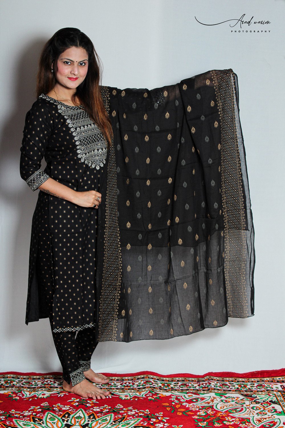 HAMH Womens Kurti Pant Fully Stitched Stone Zari Work With Fully Printed Dupatta in Black Color